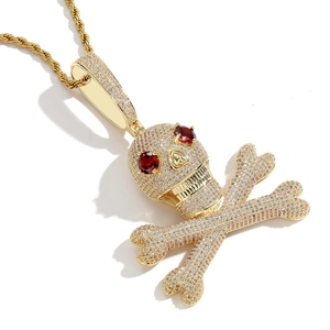 Hip hop skull crossbones necklace with micro-paved zircons and red eyes on gold chain