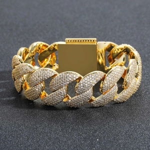 Close-up of 22mm gold hip hop Cuban chain bracelet with five rows of sparkling zircons