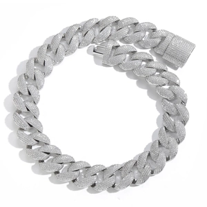 22mm Wide Silver Hip Hop Cuban Link Chain Necklace with 5 Rows of Iced Out Zirconia