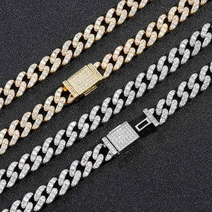 Iced out 9mm Cuban link chain in gold and silver with zircon paved box clasp