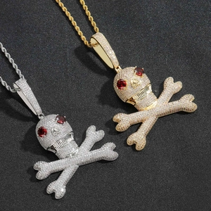 Hip hop skull and crossbones pendant necklace with red eyes and micro-set cubic zirconia