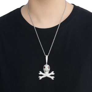 Hip hop skull pendant necklace with red eyes and micro-set cubic zirconia stones