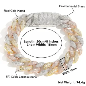 Vue détaillée du bracelet gourmette 15mm avec zircons 5A+ et placage tricolore de haute qualité