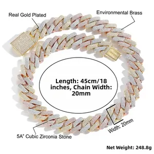 Detail of 20mm tri-color Cuban link chain with 5A+ cubic zirconia and real gold plating