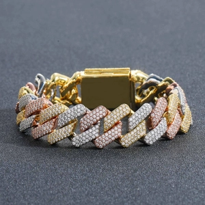 20mm tri-color iced-out Cuban link necklace with rhinestones in gold rose gold and silver