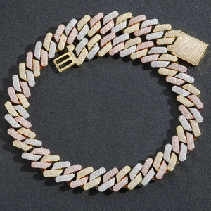 20mm tri-color iced out Miami Cuban chain necklace with pave rhinestones in hip hop style
