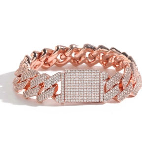 20mm rose gold Miami Cuban link bracelet for men with paved rhinestones on white background
