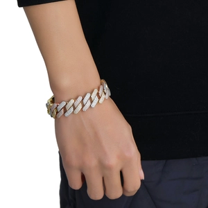 Macro shot of 20mm tri-color Cuban link bracelet featuring micro-pave white cubic zirconia