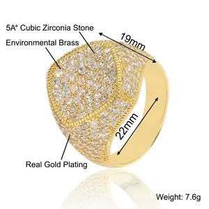 Hip hop style gold plated brass ring with micro paved 5A cubic zirconia stones