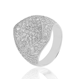Hip hop micro-paved zircon rhombus ring in silver metal with polished millgrain detail