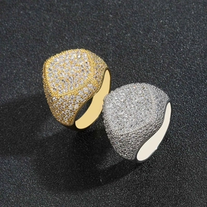 Hip hop style rhodium and gold plated diamond signet rings with micro paved zircon stones