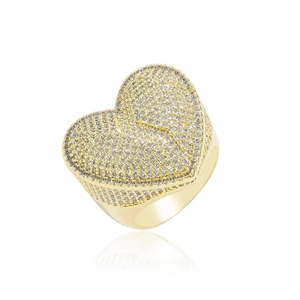 Bague cœur dorée style hip hop avec zircons cubiques étincelants pour hommes et femmes