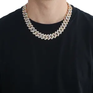 Iced out 20mm tri-color Miami Cuban link necklace with diamond encrusted gold silver and rose gold