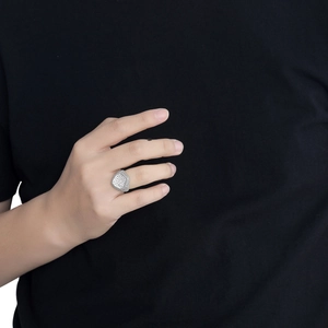 Hip hop style rhodium plated ring featuring micro-pave cubic zirconia in geometric shape