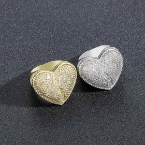 Bague cœur brisé avec zircons cubiques en or et argent de style hip hop glacé