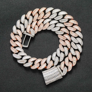 Iced out 20mm two-tone Miami Cuban link chain with T-shaped cubic zirconia in hip hop style