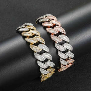 Hip-hop 20mm baguette-cut mixed zircon Cuban chain bracelet in two-tone rose gold finish