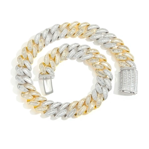 Two-tone 20mm Miami Cuban chain necklace with baguette-cut zircons for hip-hop style