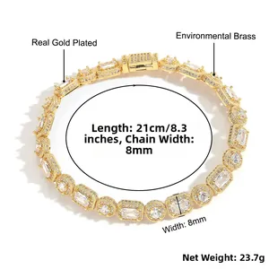 Détail d'un bracelet hip hop 8mm avec zircons rectangulaires et placage en or fin