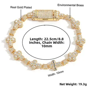 Detailed view of 10mm iced-out clover bracelet with dimensions 22.5cm and 19.3g weight