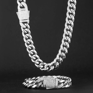 Collier Chaîne Maille Gourmette Hip Hop en Acier Inoxydable Hommes Femmes Plaqué Or Argent Avec Fermoir Micro Pave Zirconia