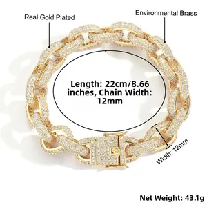 Detailed view of 12mm gold plated Cuban chain with zircon inlay and exact dimensions