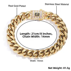 Détail du bracelet gourmette plaqué or 14mm avec fermoir strass logo S et dimensions