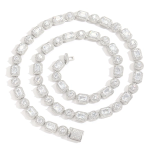 Collier hip hop argenté 8mm avec zircons cubiques carrés et ronds scintillants