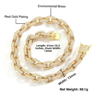 Detail of 12mm gold-plated brass hip hop chain set with micro-paved cubic zirconia