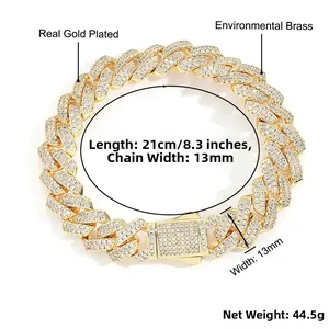 Détail du bracelet chaîne cubaine 13mm avec strass et spécifications de 21cm de long