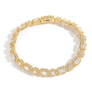 Bracelet Tennis Hip Hop Iced Out en Cuivre avec Zirconia Chaîne de Pierres Carrées et Rondes pour Hommes Femmes Bijoux Punk Cadeau