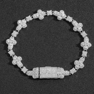 Hip-hop style 10mm cross flower bracelet with full cubic zirconia stones for men and women