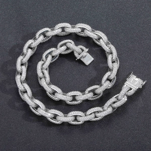 Close-up of 12mm hip hop O-chain with micro-pave cubic zirconia on polished silver link