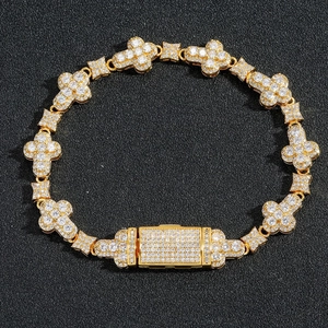 Hip hop 10mm gold cross link bracelet with micro-paved white zircons for men and women