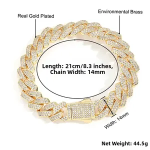 Détails du bracelet cubain 14mm en laiton avec zircons et spécifications de taille