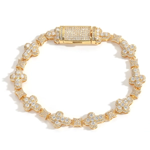 Hip hop 10mm gold plated clover link bracelet with full zircon paving and box clasp