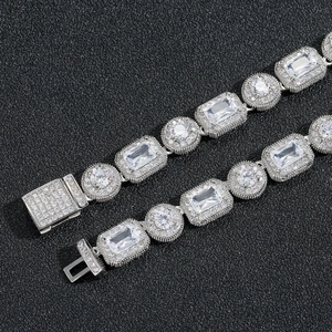 Collier hip hop argenté 8mm serti de pierres de zircone cubiques carrées et rondes