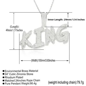 Tableau détaillé des tailles du pendentif KING hip hop avec dimensions 40x100mm et chaîne