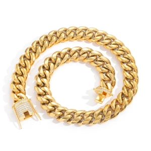 Collier chaîne cubaine en acier inoxydable doré hip-hop avec fermoir en zircon micro-pavé