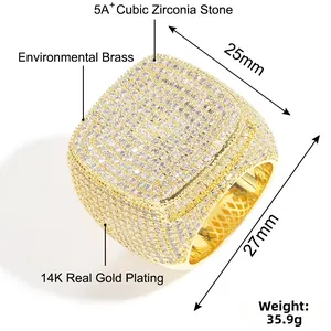 Detailed specs of square iced out ring with 5A CZ stones and 14K gold plating