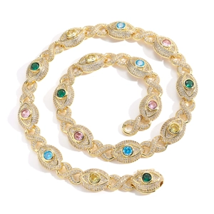Collier Hip Hop Zirconia Coloré Maillon Infini Chaîne Cubaine pour Hommes Femmes Mauvais Œil Cuivre Plaqué Or Bijoux de Luxe