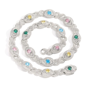 Chaîne Evil Eye 14mm style Hip Hop avec zircons colorés et finition argentée pavée