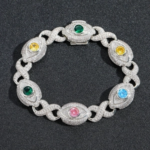 Bracelet hip-hop en argent avec breloques œil et zircons colorés pour hommes