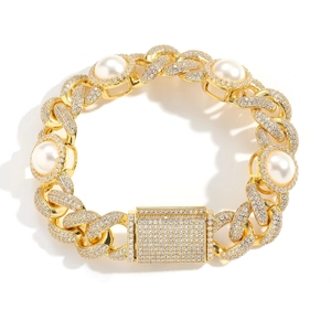 Bracelet Chaîne Cubaine Hip Hop Cuivre Micro Inlaid Zircon Künstliche Perle Ronde Blanche Bijoux Iced Out Hommes Femmes Daily Party Style