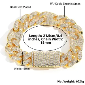 Macro view of 15mm Cuban link bracelet with 5A cubic zirconia and dimensions