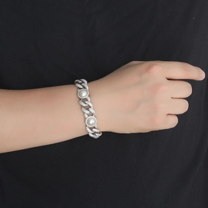 Bracelet cubain hip hop 15mm pour hommes avec perles blanches et plaquage argent givré