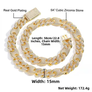 Detailed specs of 15mm gold Cuban link necklace with 5A+ zircon and 58cm length