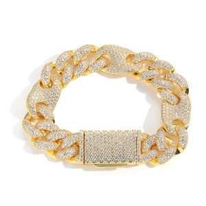 Luxury 15mm gold Cuban link bracelet with sparkling cubic zirconia pavé settings for men