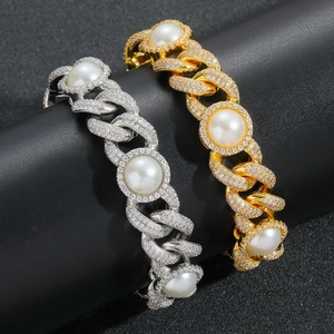 Bracelet perle maille cubaine 15mm style hip hop avec diamants en or et argenté