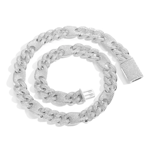 Hip hop iced out silver cuban link necklace with 15mm pig nose pavé cubic zirconia